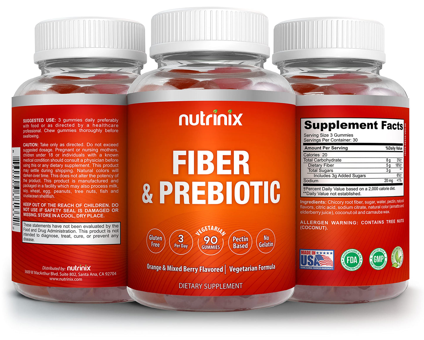 Nutrinix Fiber and Prebiotic Gummies for Adults, 90 Gummies