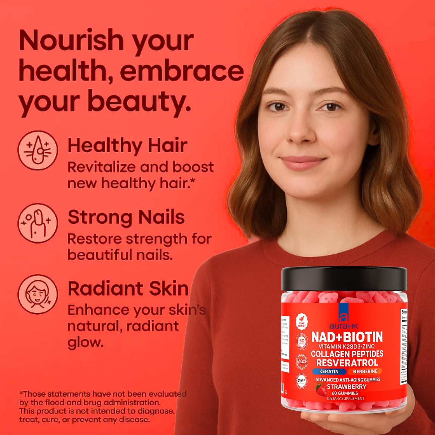 Aura HK NAD+Biotin, Resveratrol, Berberine & Anti-Aging Gummies, 120