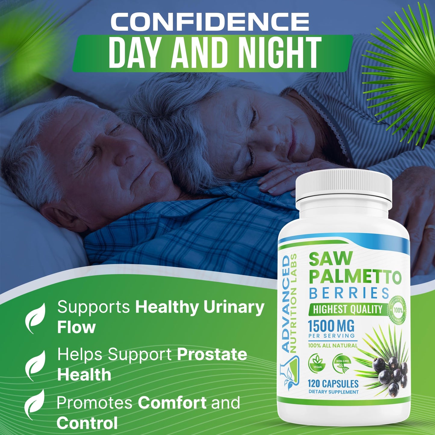 Advanced Nutrition Labs Saw Palmetto Berries & Extract 1500 mg Saw Palmetto Supplement for Men & Women - DHT Blocker for Hair Growth, Prostate Support & Urinary Health, Capsule, 120 Count
