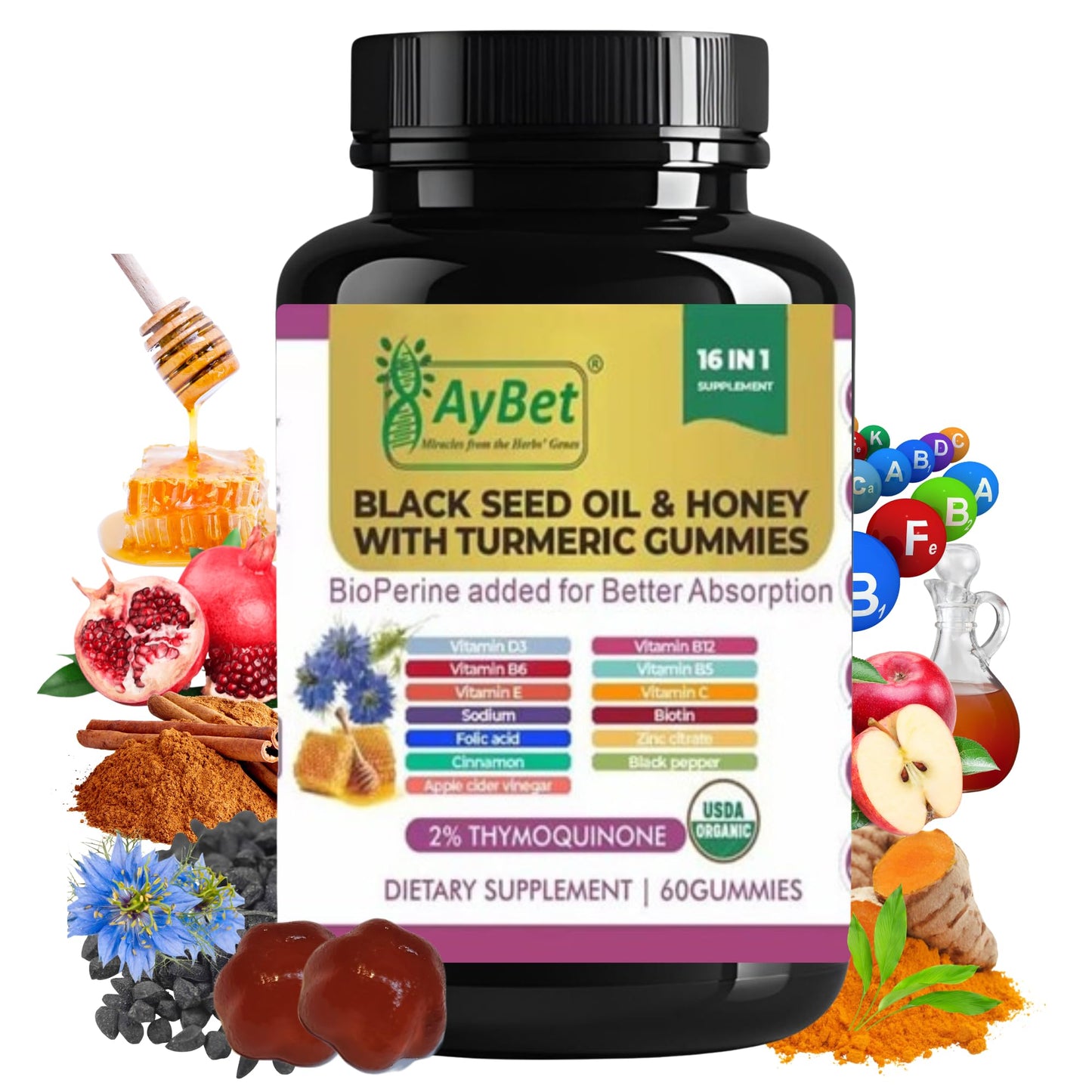 AyBet Black Seed Oil & Honey Gummies with Turmeric – 16-in-1 Supplement with Vitamins D3, B12, Biotin & Zinc – 2% Thymoquinone – USDA Organic, Halal, Vegan, Non-GMO, 60 Gummies