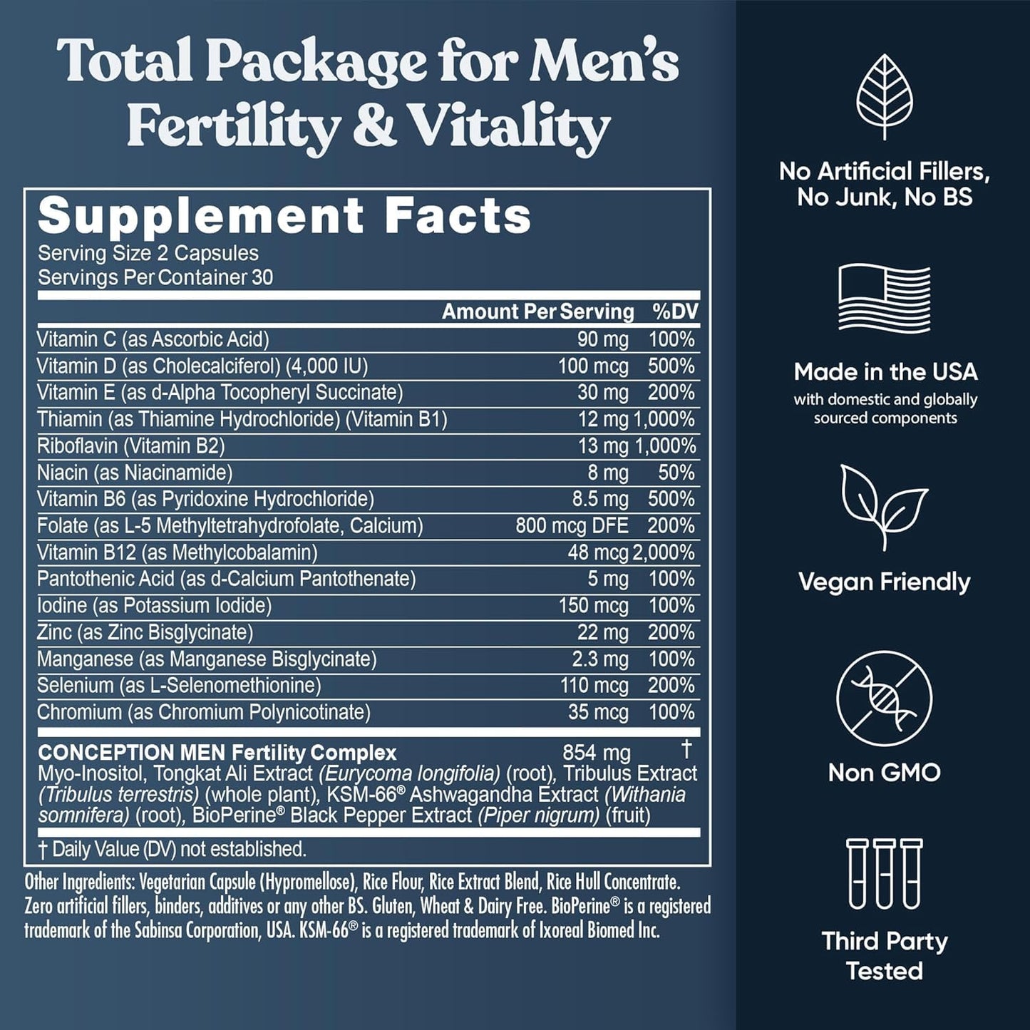 Eu Natural Conception for Him - Male Fertility Supplements with Ashwagandha, Folate & Zinc, Sperm Count, Motility & Strength Support, 120 Vegetarian Capsules