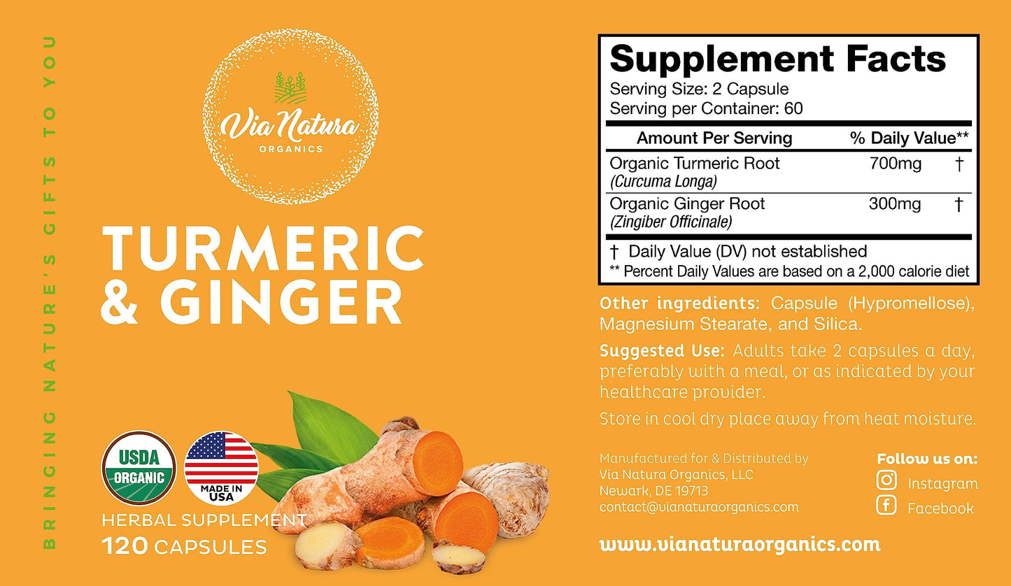 Via Natura Organics Turmeric & Ginger Capsules 1000mg 120 Capsules