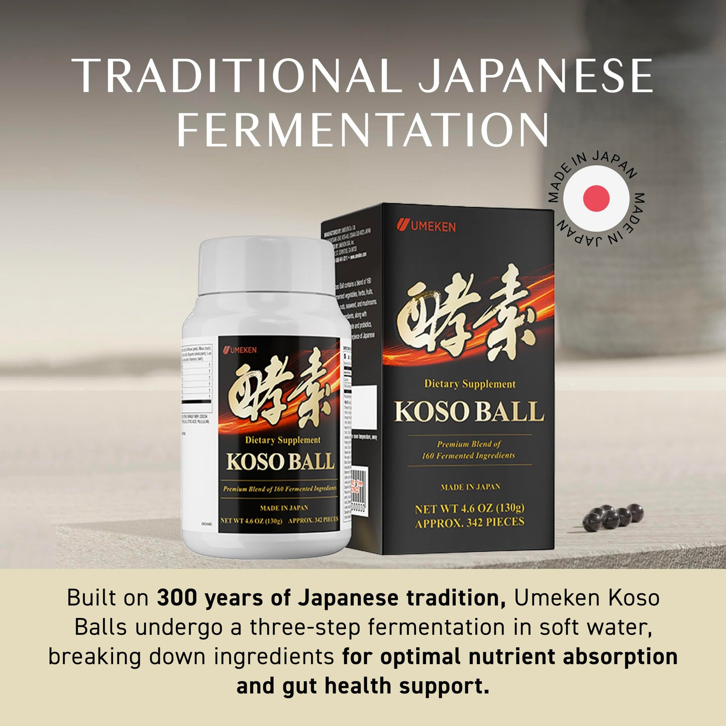 Umeken Koso Ball Infused with Pure 160 Fermented Ingredients, Supports Stomach & Intestine Health, Immune Health, Japanese Supplements for Overall Wellness & Balanced Nutrition, 342 Tablets