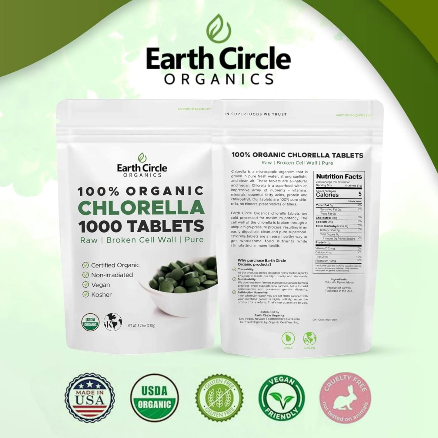 Earth Circle Organics Organic Chlorella Tablets 1000 Count