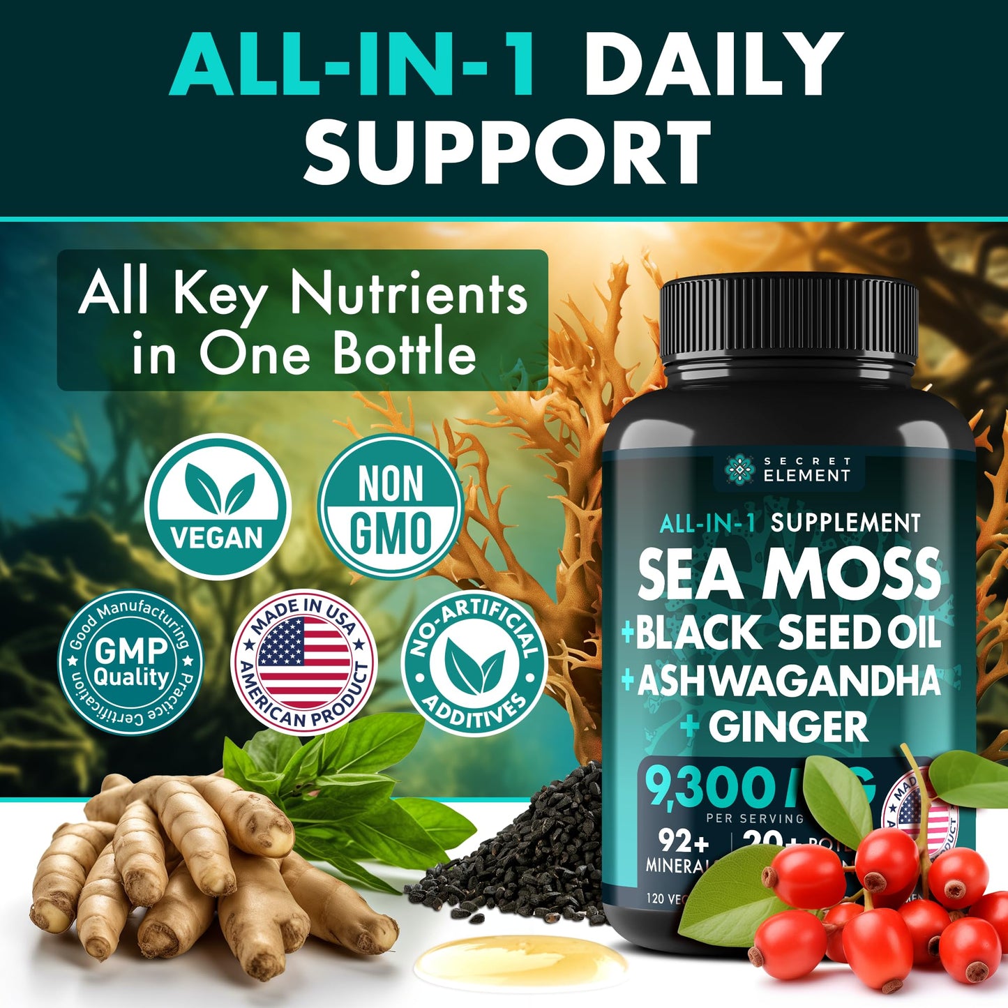 Secret Element Irish Sea Moss Black Seed Oil Ashwagandha Ginger All in One Supplement Capsules 240