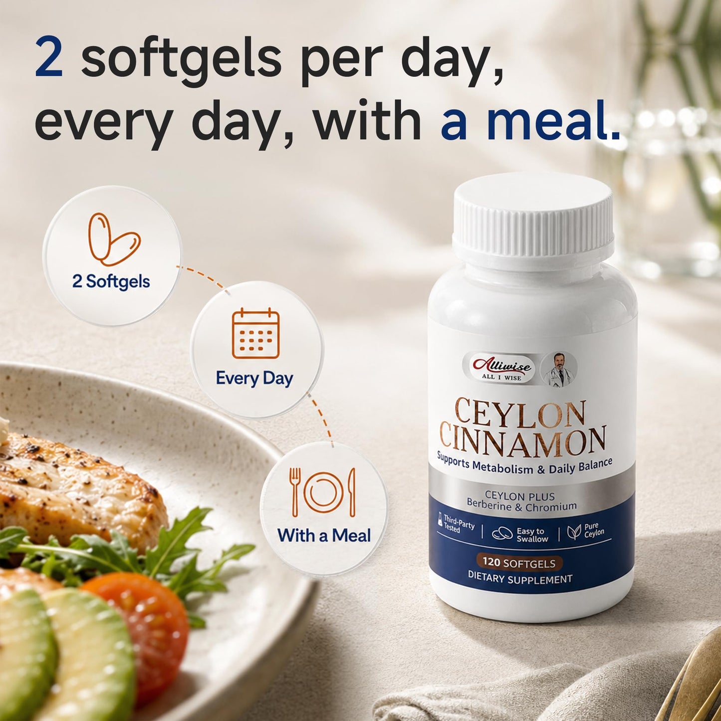 Alliwise Ceylon Cinnamon Supplement with Berberine & Chromium Softgels, 240 Count