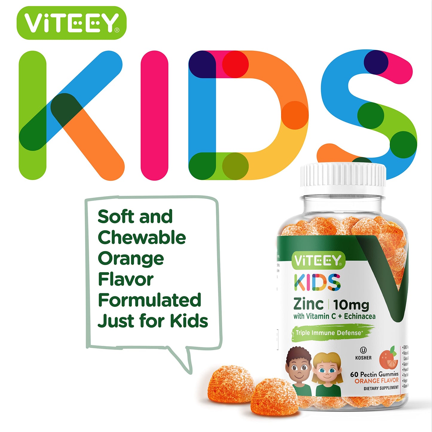 Viteey Zinc for Kids Pectin Gummy 10mg - 60 Count