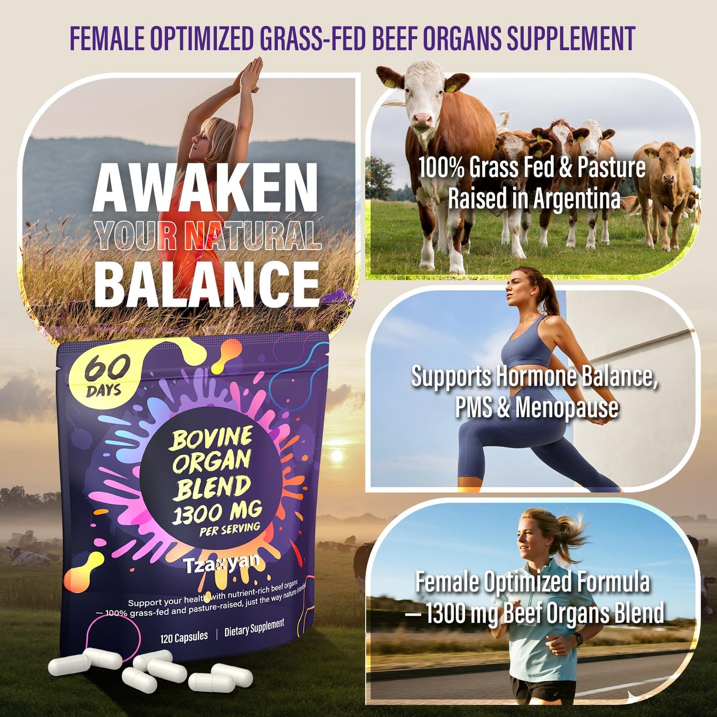 tzaxyan 1300MG Beef Organ Supplement for Women, 100% Grass Fed Beef Liver, Uterus, Ovary & 3 More, Bovine Organ Capsules, 120 Capsules