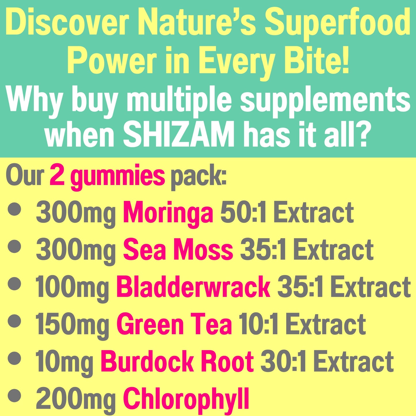 SHIZAM Moringa Irish Sea Moss Chlorophyll EGCG Green Tea Burdock Root Bladderwrack Super Greens Gummies, 60 Count