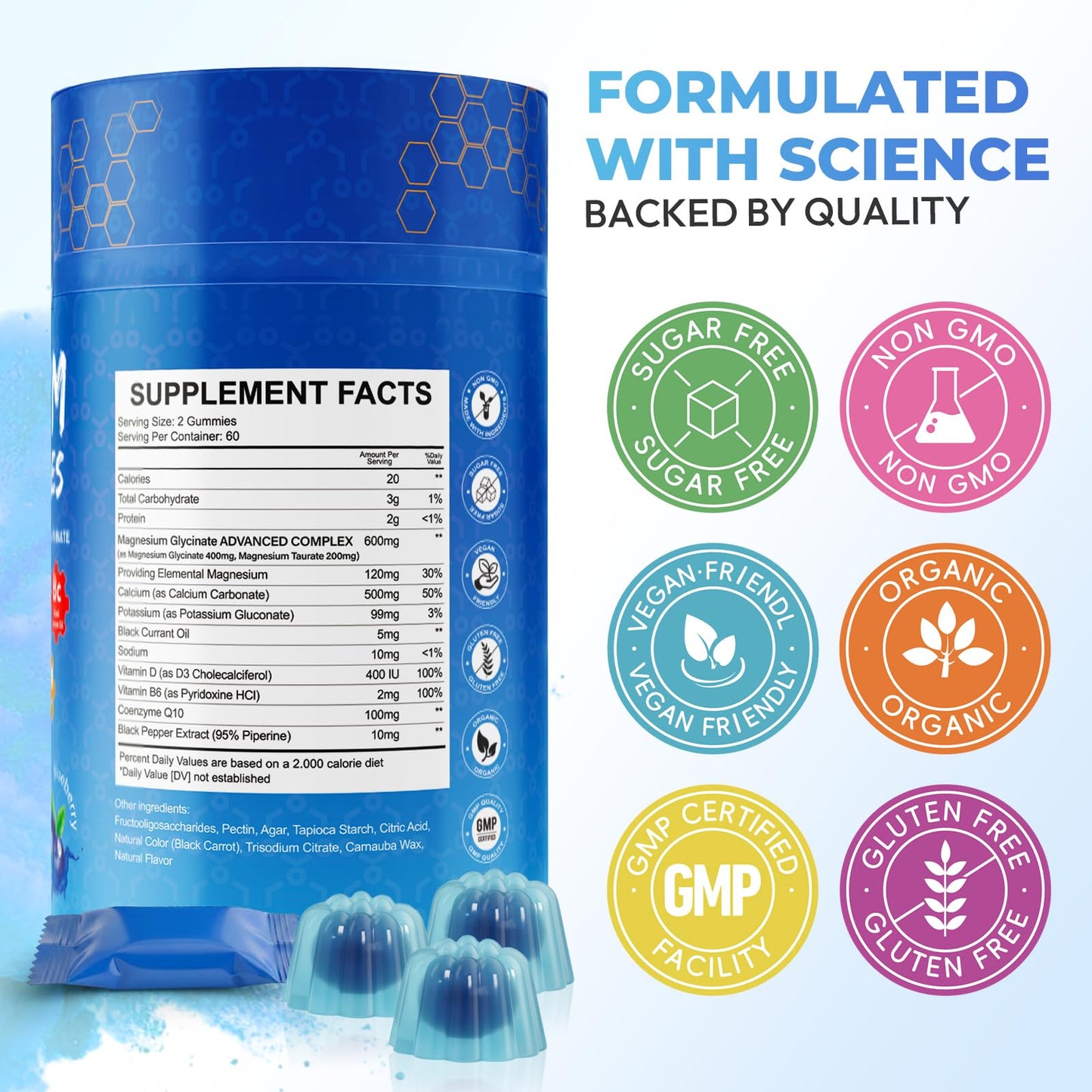 Xytora Magnesium Glycinate Gummies 600mg, Relax Support Magnesium, Blueberry, 120 Gummies