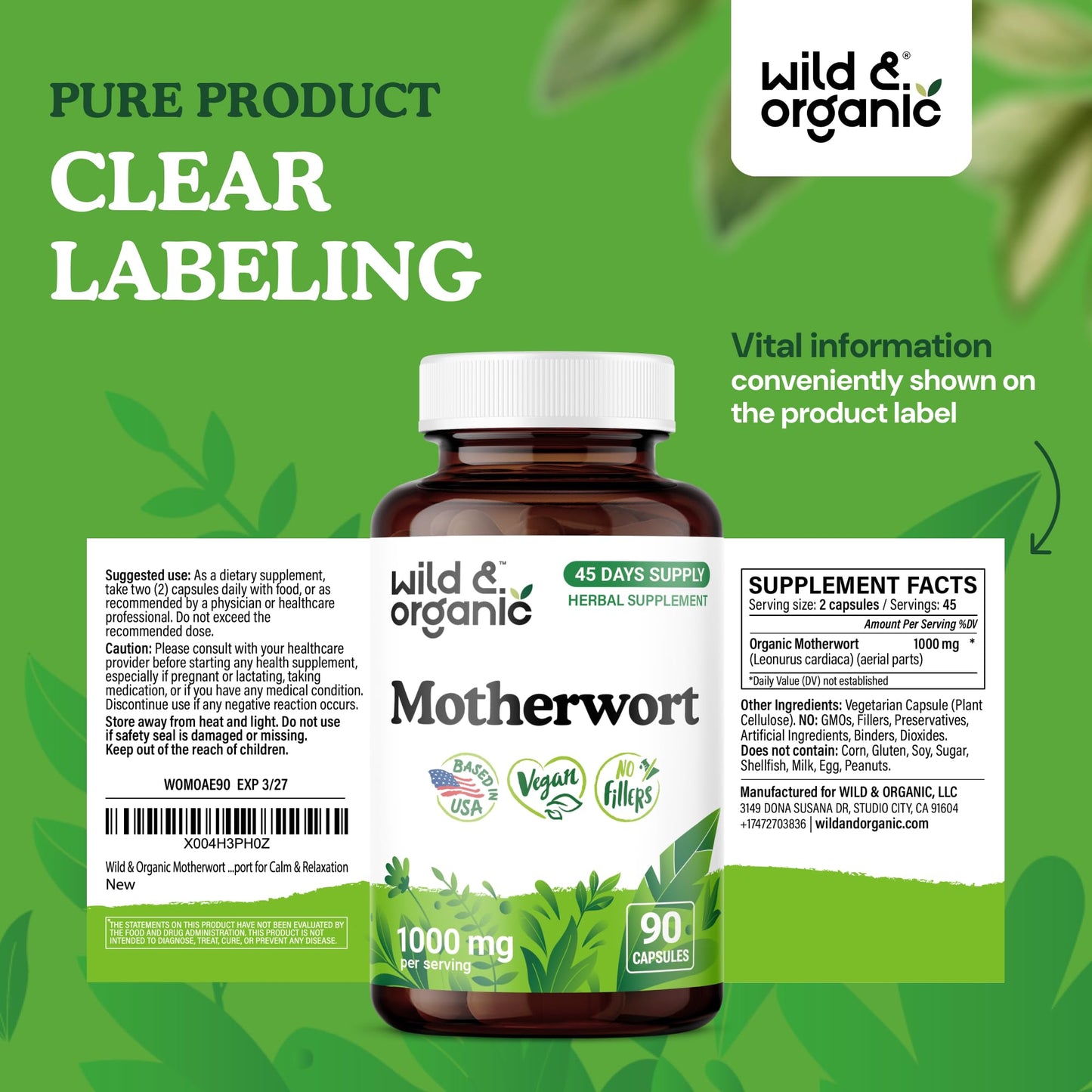 Wild & Organic Motherwort Capsules 90 Capsules