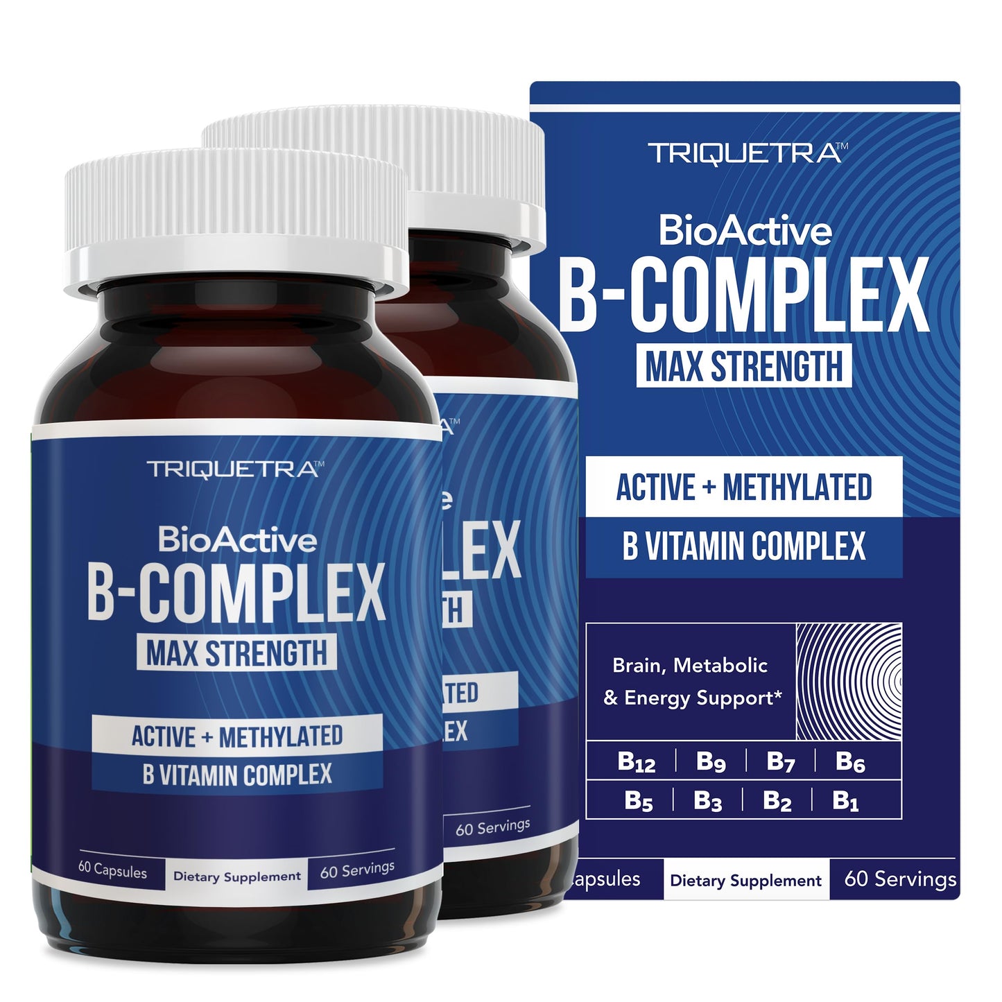 Triquetra Health BioActive Vitamin B Complex Blood Stream Ready, Methylated B Complex Featuring Methylfolate, 3 BioActive B12 Forms, BenfoPure B1 & Pantesin B5, 12 B Vitamins in Clinical Doses, 120 Capsules