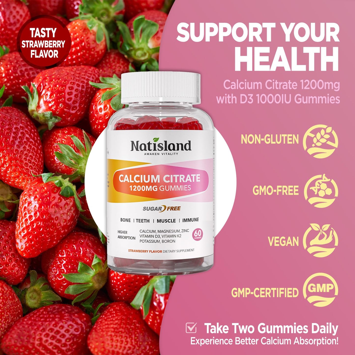 NATISLAND Calcium 1200 mg with Vitamin D3, K2, High Absorption Calcium Citrate with Vitamin D3, K2, Magnesium, Zinc, Potassium, Boron, Sugar-Free, Vegan, 60 Gummies