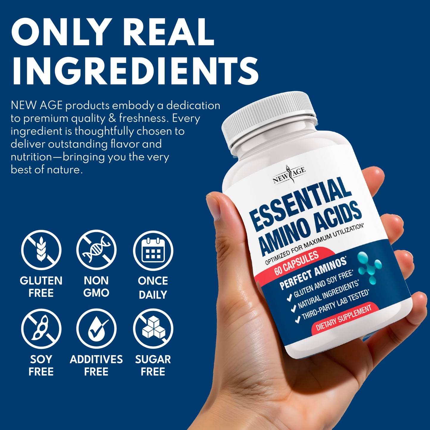 NEW AGE Amino Acid Complex - 20 Aminos with BCAAs, L-Glutamine, L-Arginine & Hyaluronic Acid, 60 Capsules