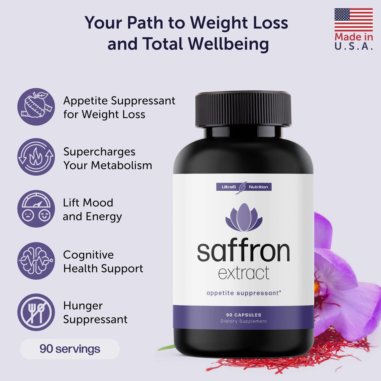 Ultra6 Nutrition Pure Saffron Extract Appetite Suppressant Capsule 90 Count