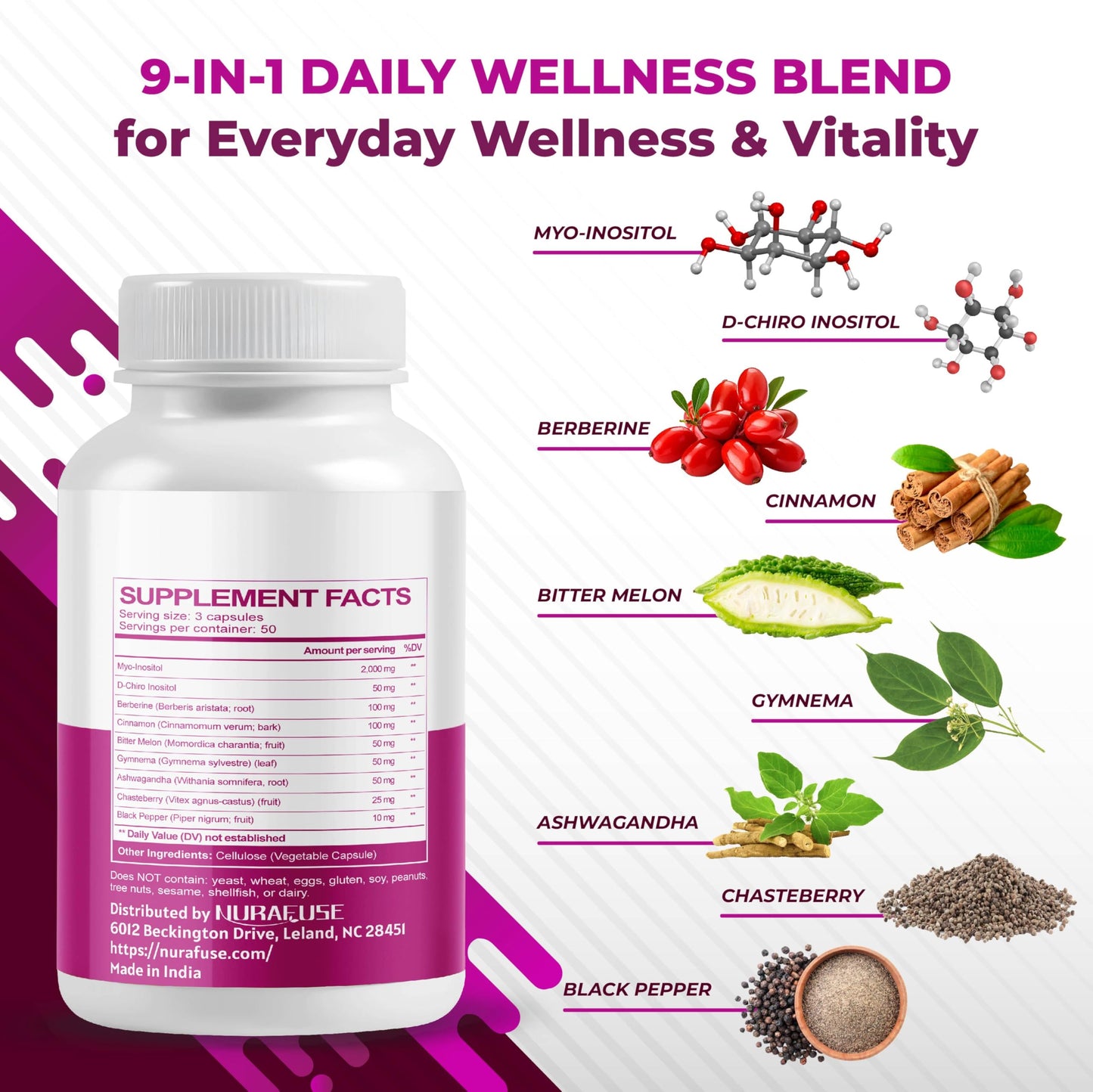 NURAFUSE High Potency Myo-Inositol & D-Chiro Inositol with Chasteberry, Cinnamon, Bitter Melon & Gymnema Capsules, 150 Count