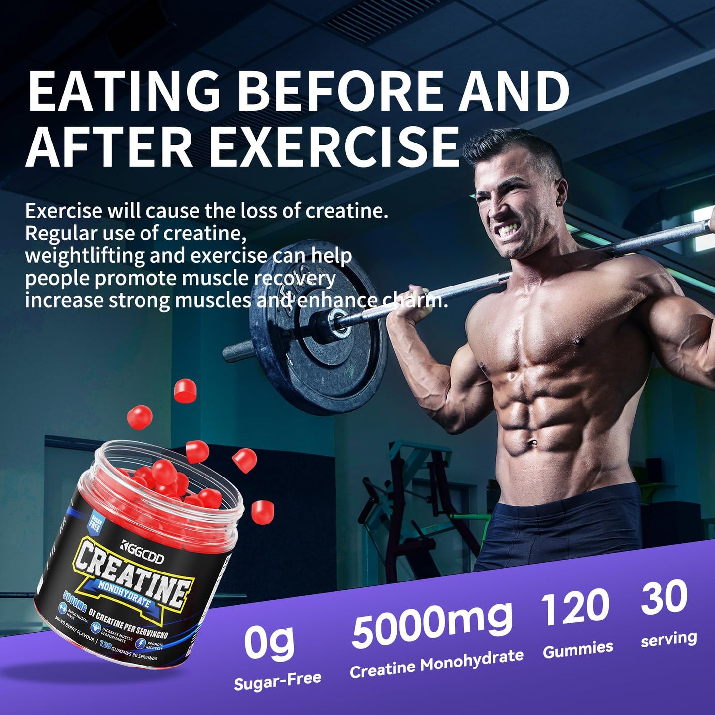 KGGCDD Creatine Monohydrate Gummies, 5,000mg, 120 Count