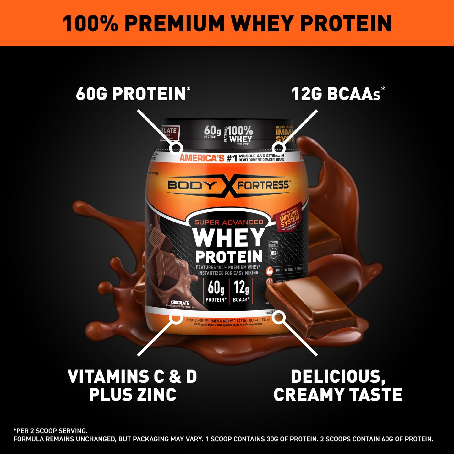 Body Fortress 100% Whey Protein Powder, Chocolate, 28.4 oz