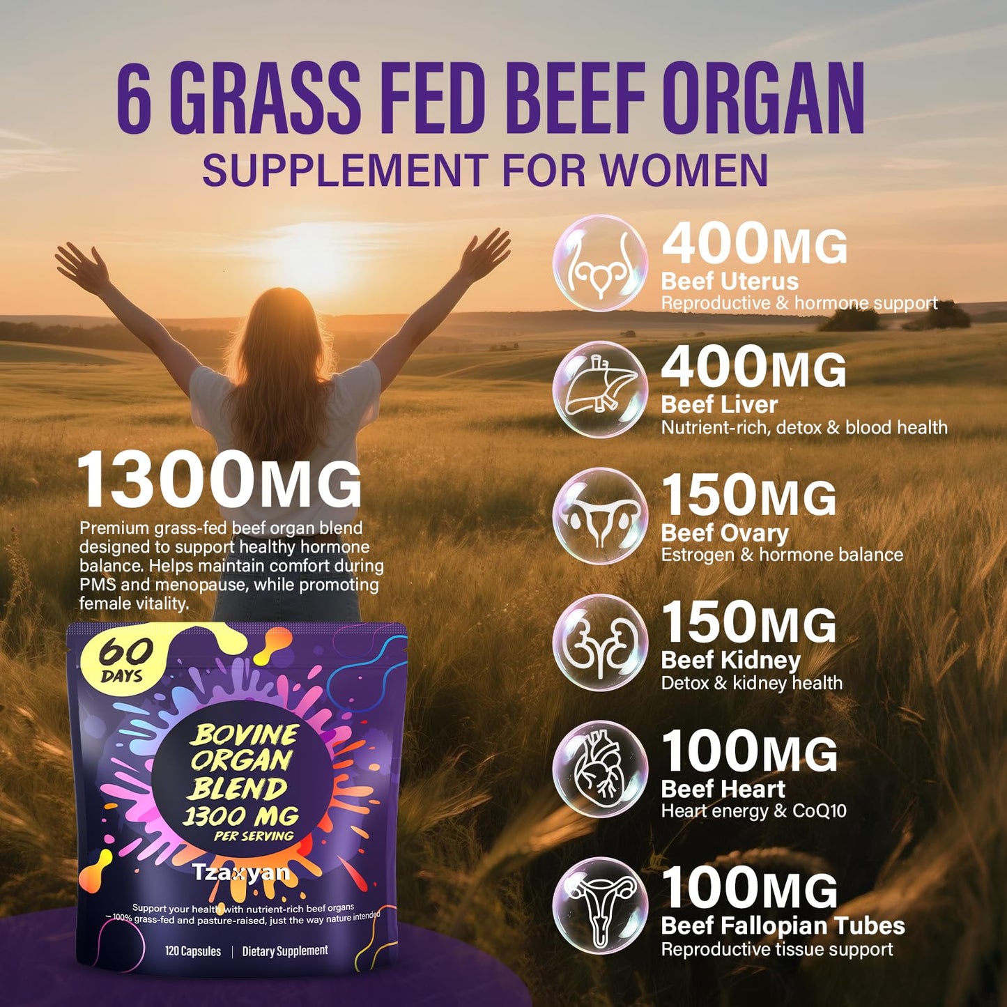 tzaxyan 1300MG Beef Organ Supplement for Women, 100% Grass Fed Beef Liver, Uterus, Ovary & 3 More, Bovine Organ Capsules, 120 Capsules