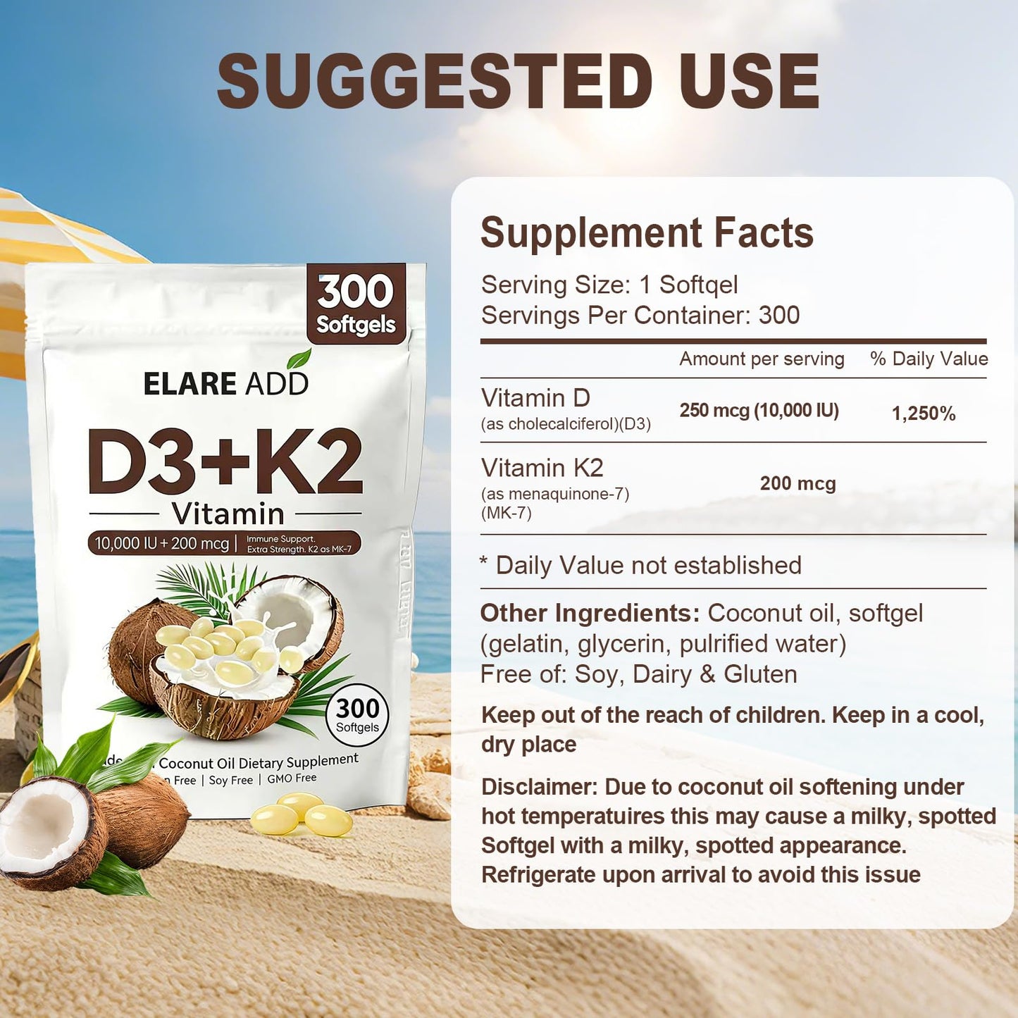 Aeteon Vitamin D3 K2 Softgels 10,000 IU, 200 mcg K2 MK-7, Virgin Coconut Oil, 2-in-1 Replenish Formula, 300 Count