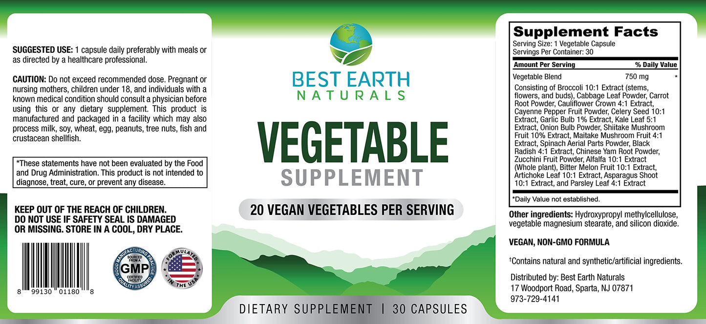 Best Earth Naturals Vegetable Supplement with 20 Veggie Blend - Energy Vitamins for Women and Men, 30 Capsules