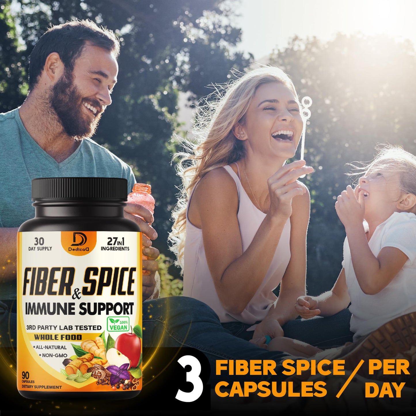 DEDICAD 27in1 Fiber and Spice Supplement with Organic Psyllium, Whole Apple, Elderberry & More Capsule, 90 Capsules