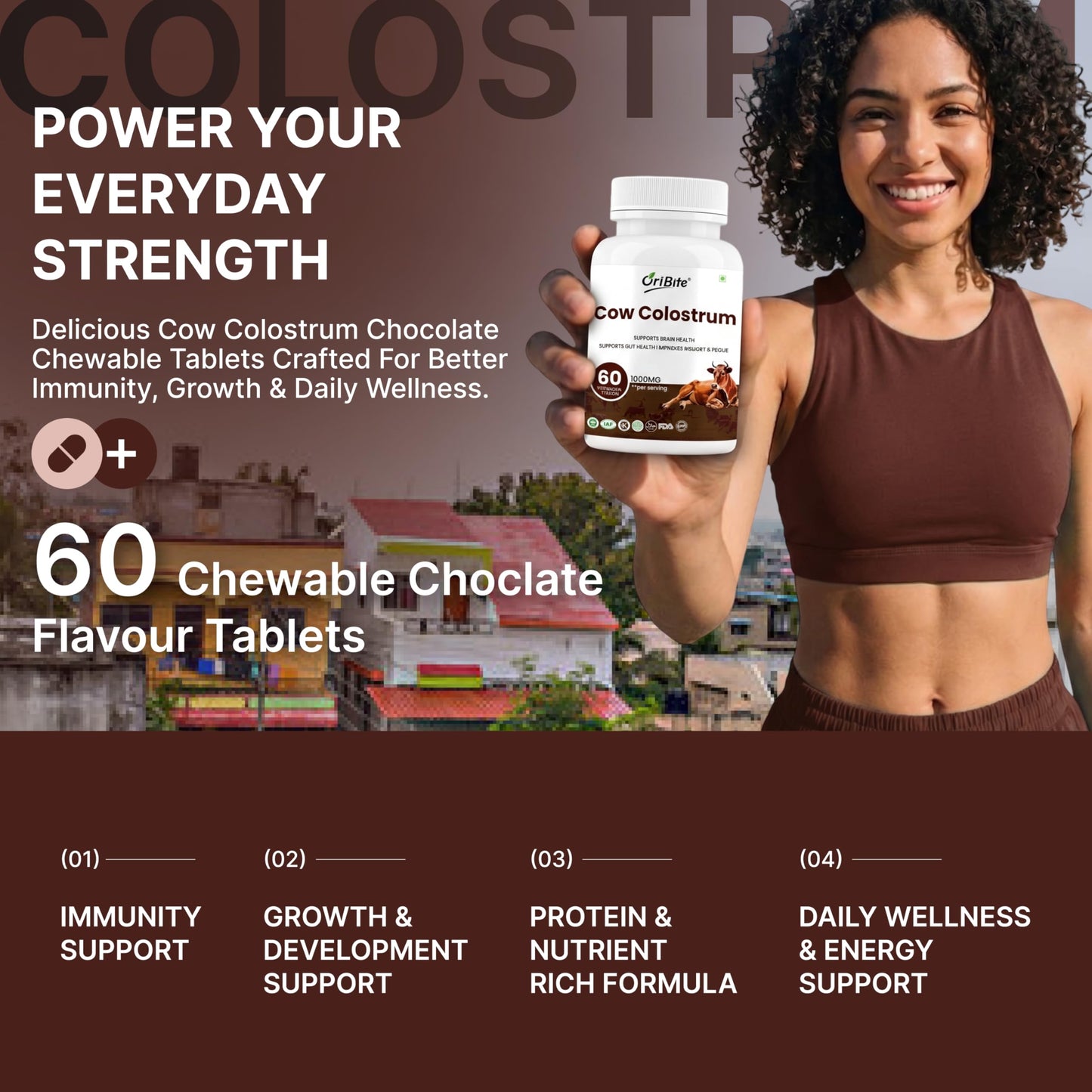 ORIBITE Grass Fed Cow Colostrum 1000mg Chewable Tablets 60 Count