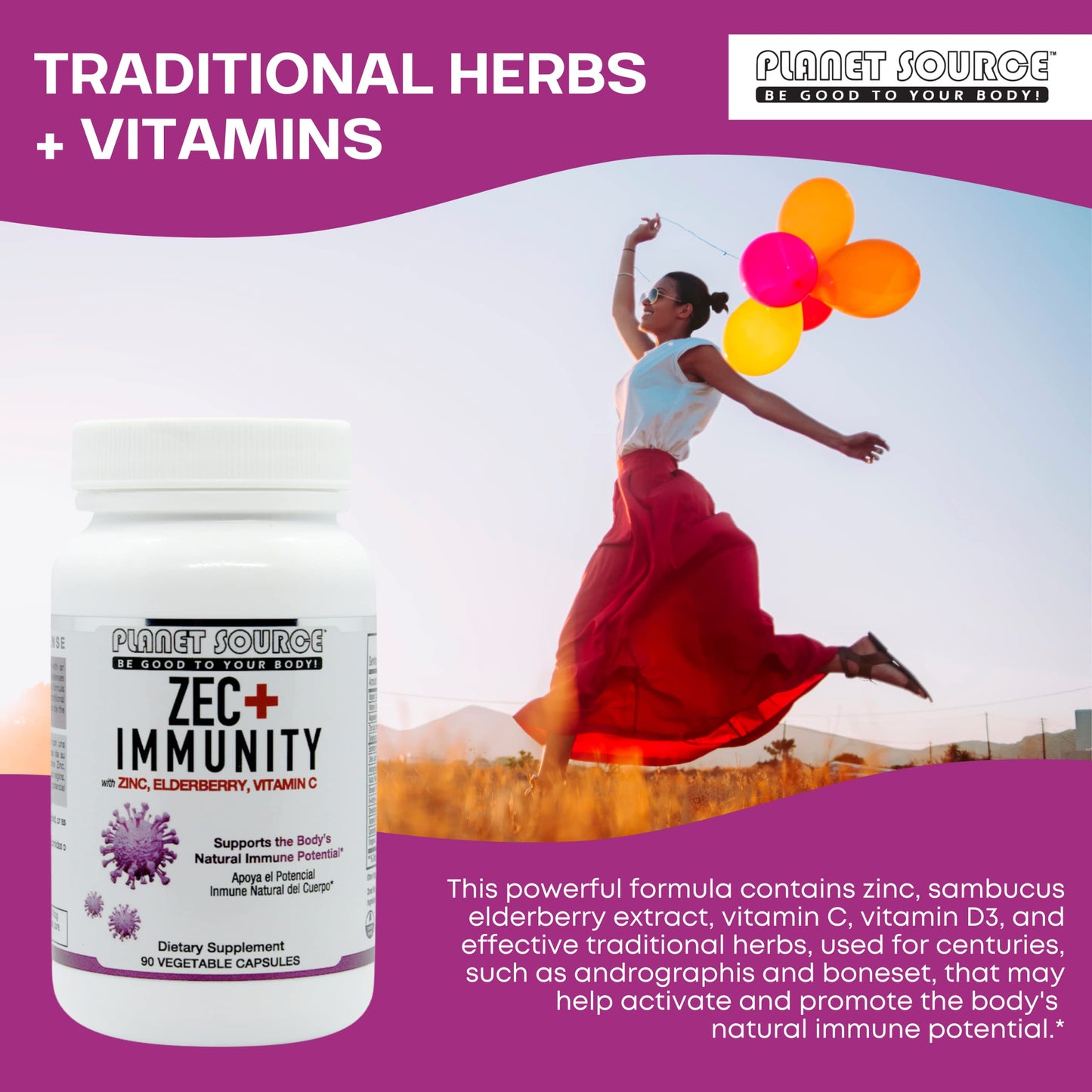 Planet Source ZEC+ Immunity Adult Vitamins with Zinc, Elderberry, and Vitamin C - Natural Elderberry Immune Support Veggie Capsules, 90 Count