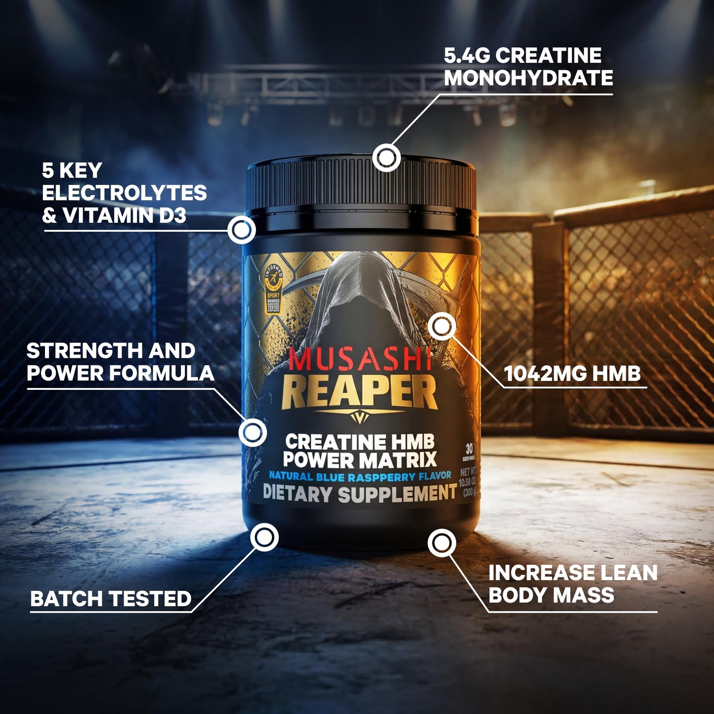 Musashi Reaper Creatine Monohydrate + HMB Powder, Blue Raspberry, 300 g