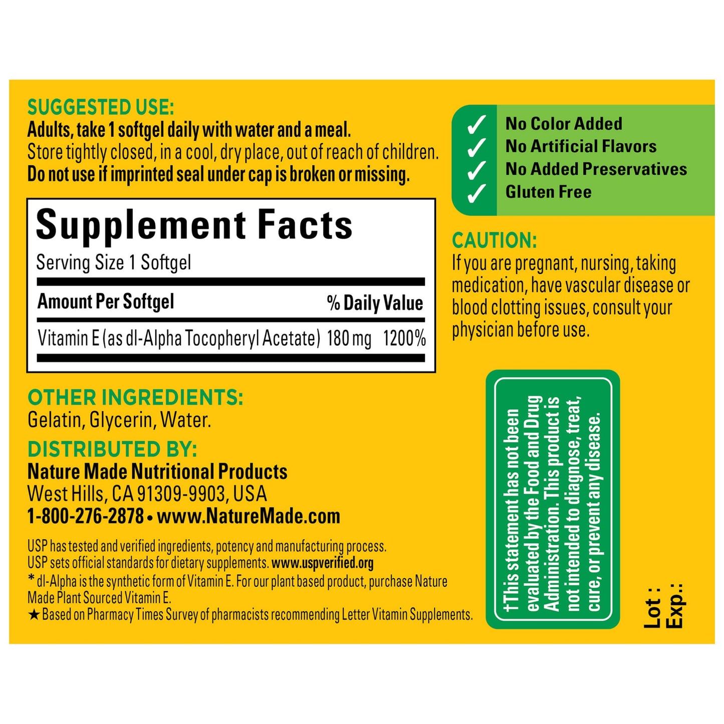 Nature Made Vitamin E 180 mg (400 IU) dl-Alpha Softgels, 300 Softgels