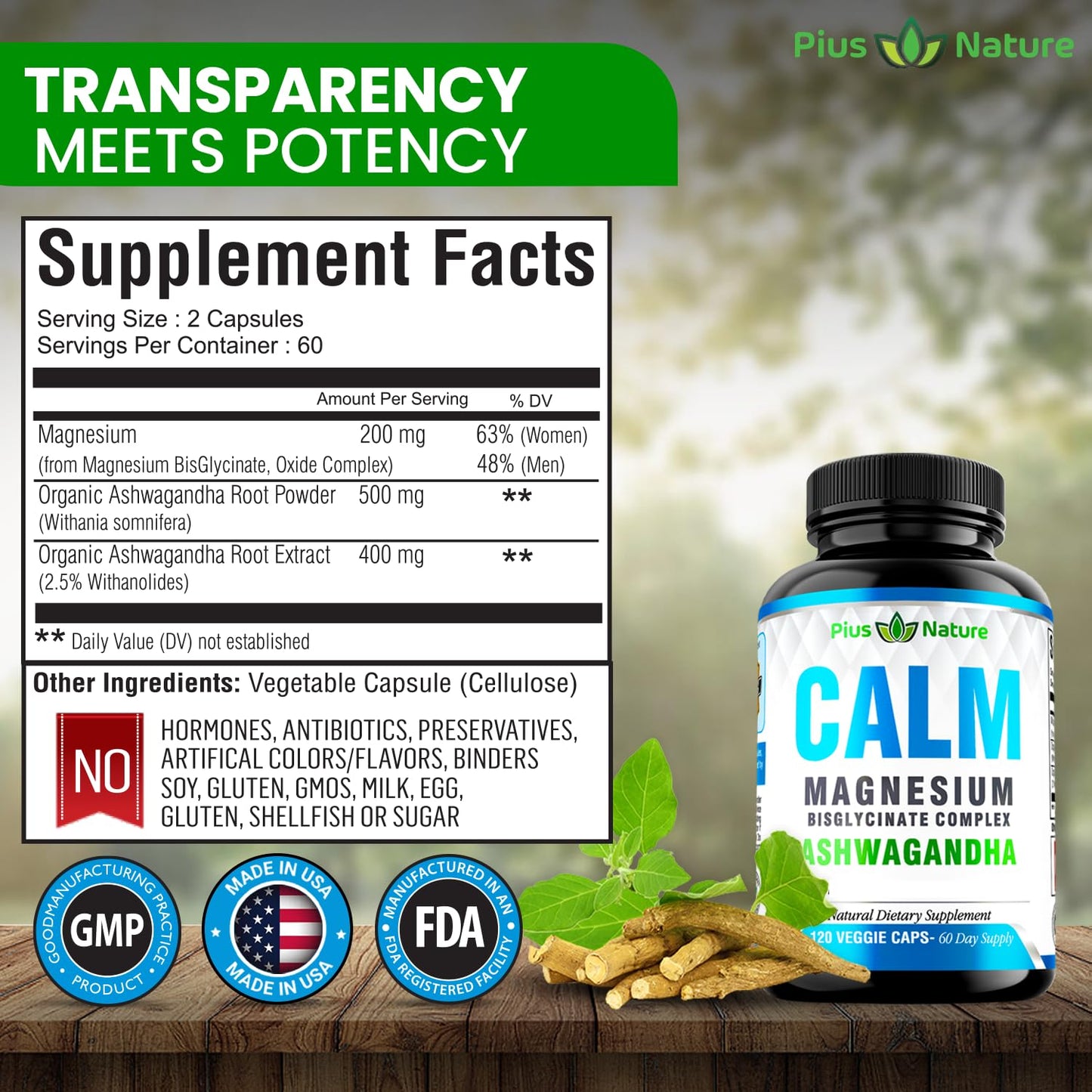 PIUS NATURE Calm Magnesium Glycinate with Ashwagandha Root Extract Capsules, 120 Capsules