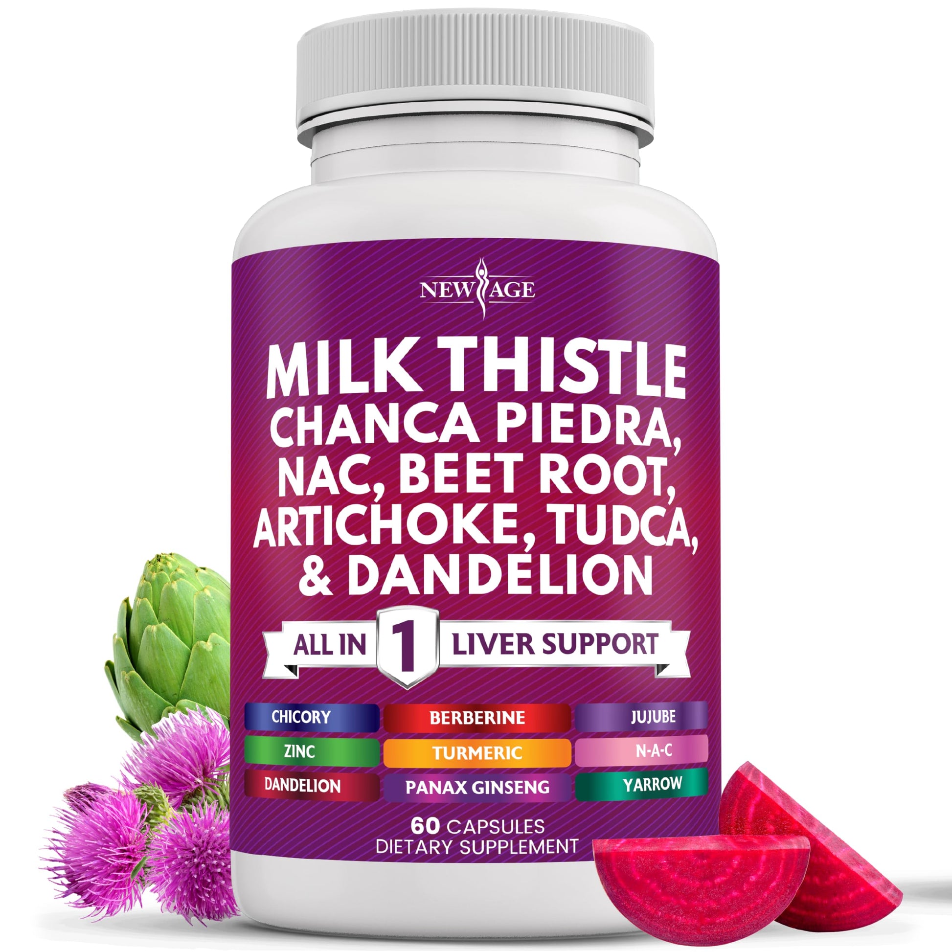 New Age Milk Thistle NAC Chanca Piedra Beet Root Artichoke Dandelion Root Astragalus - Plus TUDCA & Ginger Capsules, 60 Count