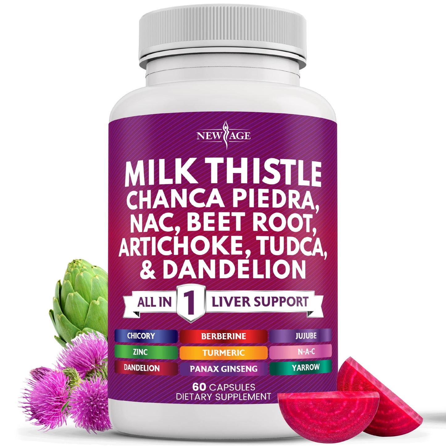 NEW AGE Milk Thistle NAC Chanca Piedra Beet Root Artichoke Dandelion Root Astragalus Plus TUDCA & Ginger Capsules 60 Count