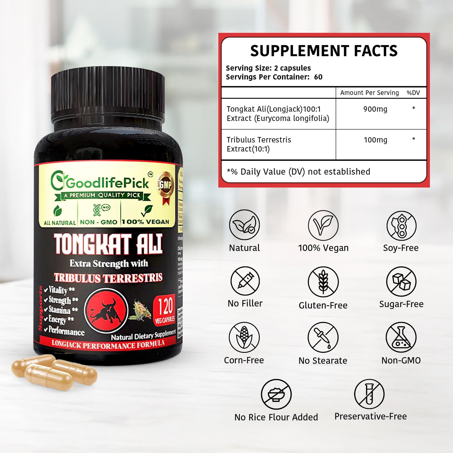 GoodlifePick Extra Strength Tongkat Ali with Tribulus Terrestris Extract 100:1 Capsules, 120 Count