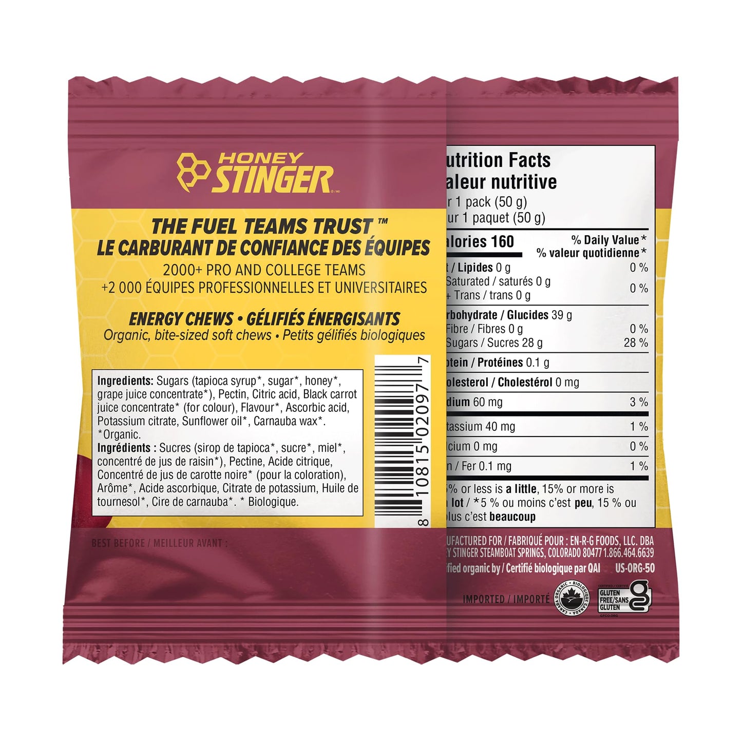 Honey Stinger Organic Pomegranate Passionfruit Energy Chew Gummy, 12 Pack