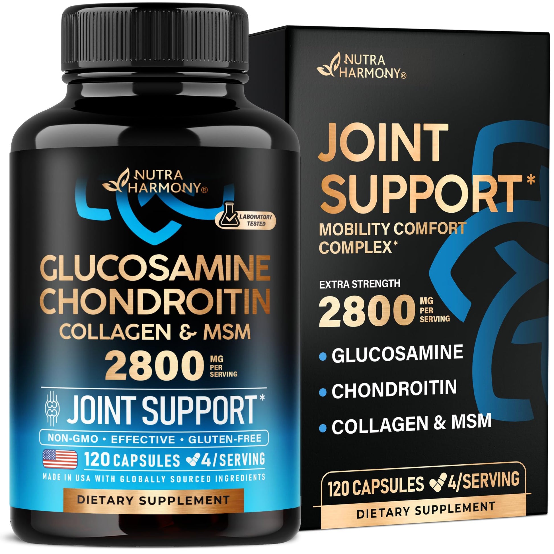 NUTRAHARMONY Glucosamine Chondroitin MSM Collagen Joint & Cartilage Support Capsules, 120 Count