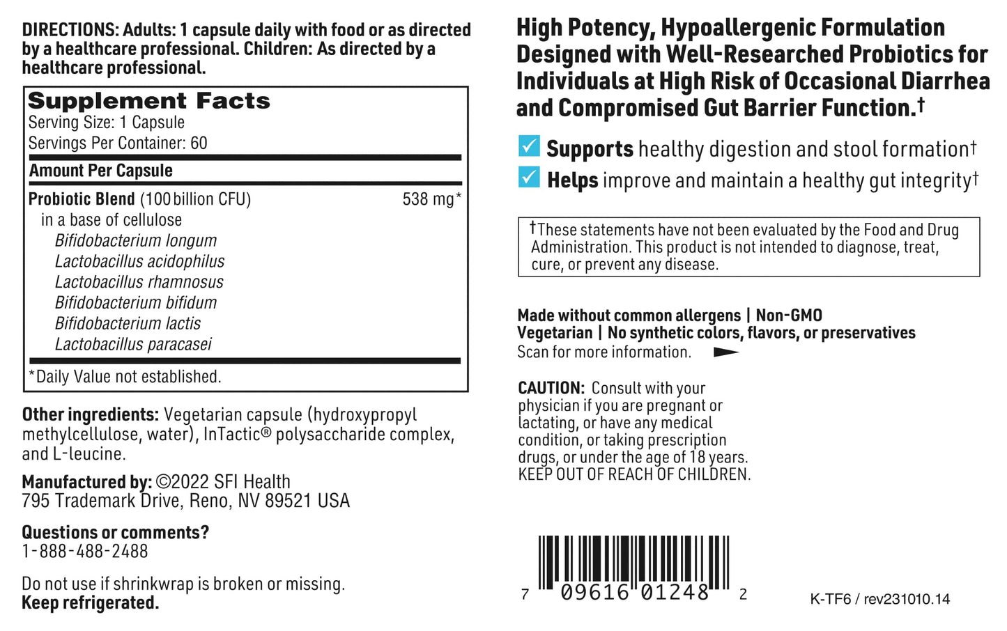 SFI Health Ther-Biotic Factor 6 Probiotic Ultra-Strength 100 Billion CFU, 60 Capsules