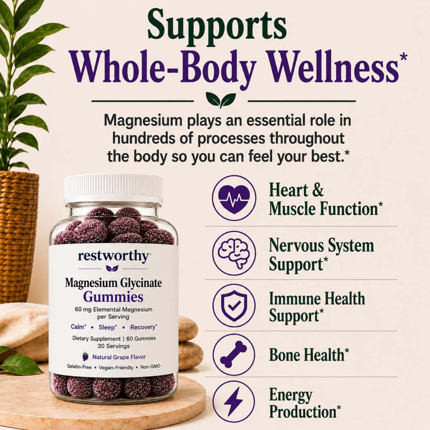 Restworthy Magnesium Glycinate Gummies for Sleep, Relaxation & Calm Support, 60 Gummies