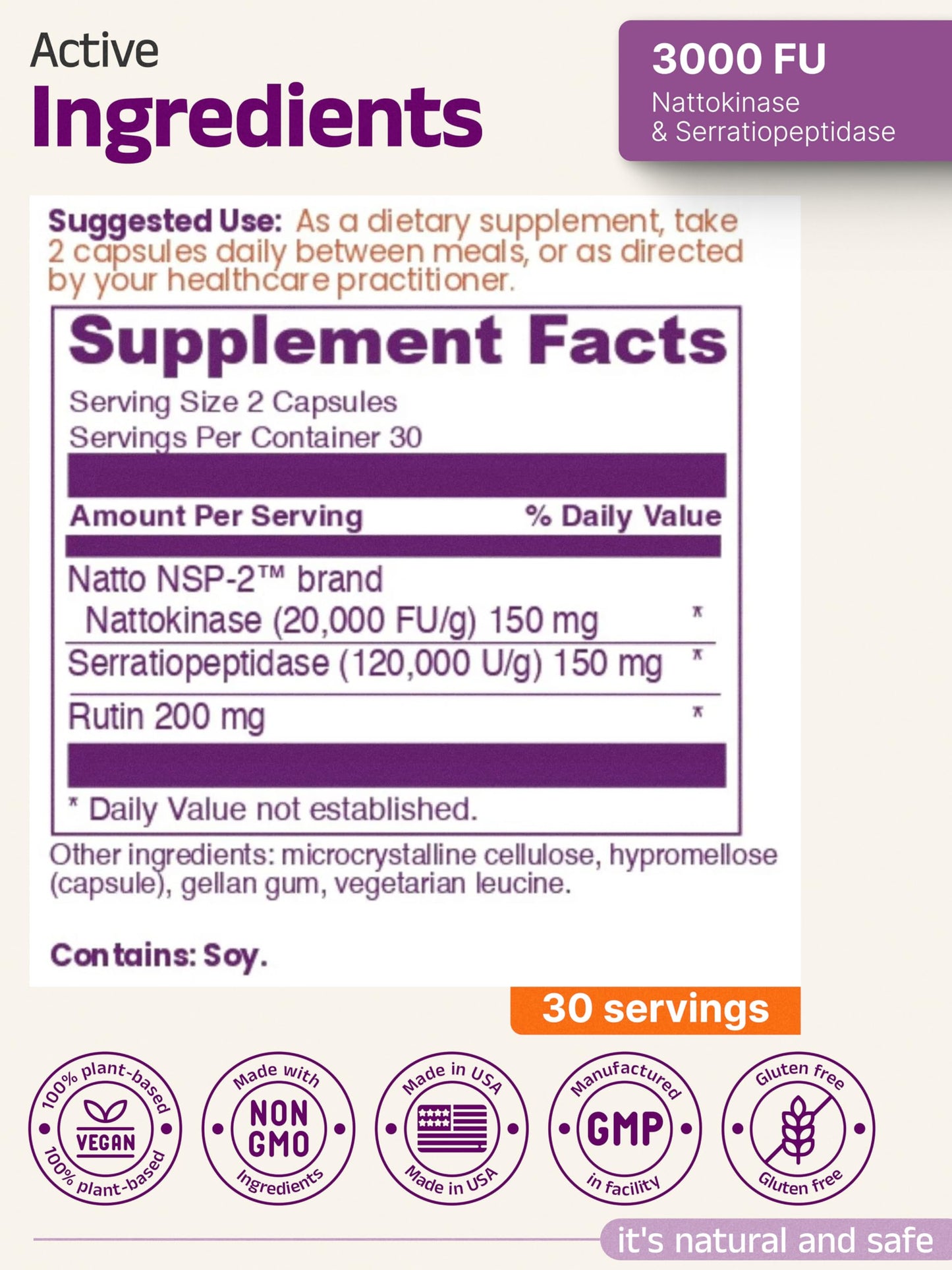 Eternity Medicine Rx Nattokinase 3000 FU + Serratiopeptidase + Rutin, 60 Capsules