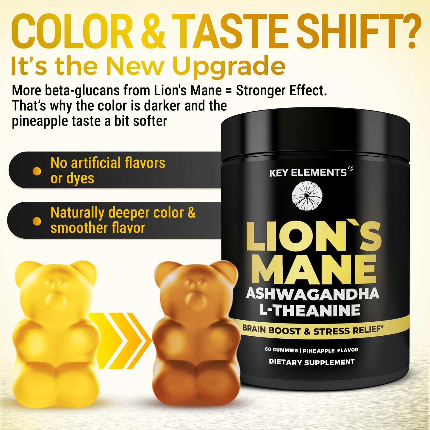 KEY ELEMENTS High Strength Organic Lion's Mane Mushroom with Ashwagandha & L-Theanine, 60 Gummies