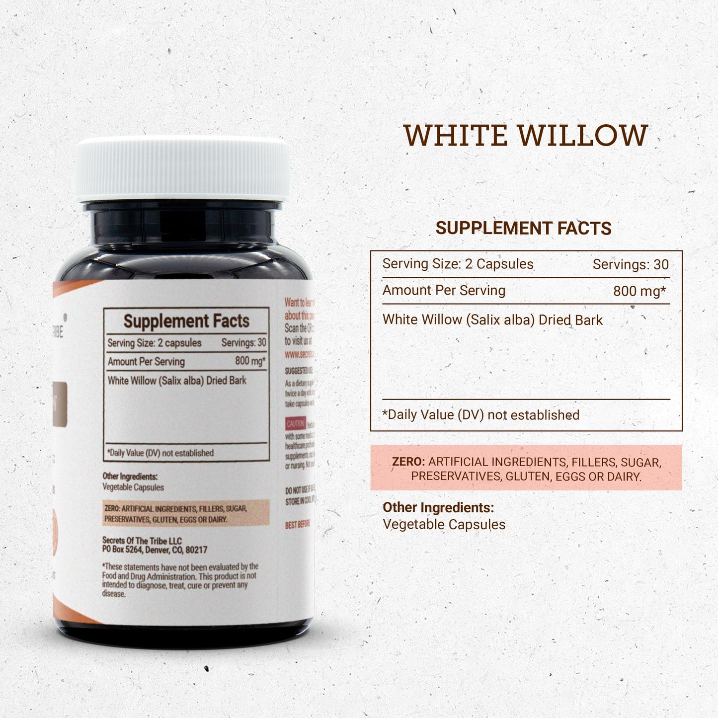 Secrets of the Tribe White Willow 800 mg White Willow (Salix Alba) Dried Bark, 60 Capsules