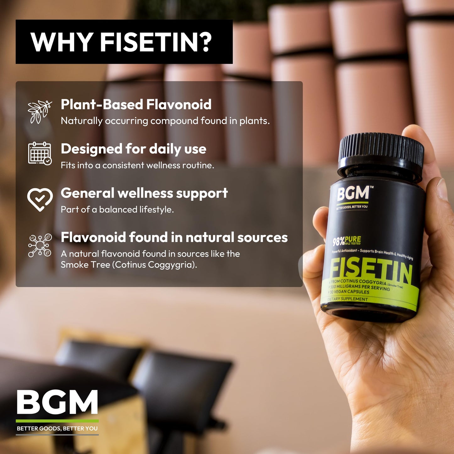 BGM Better Goods, Better You Fisetin 500mg Supplement Cotinus Coggygria (Smoke Tree) Extract 98% Pure Flavonoid Antioxidant Support Vegan Capsules, 30 Count