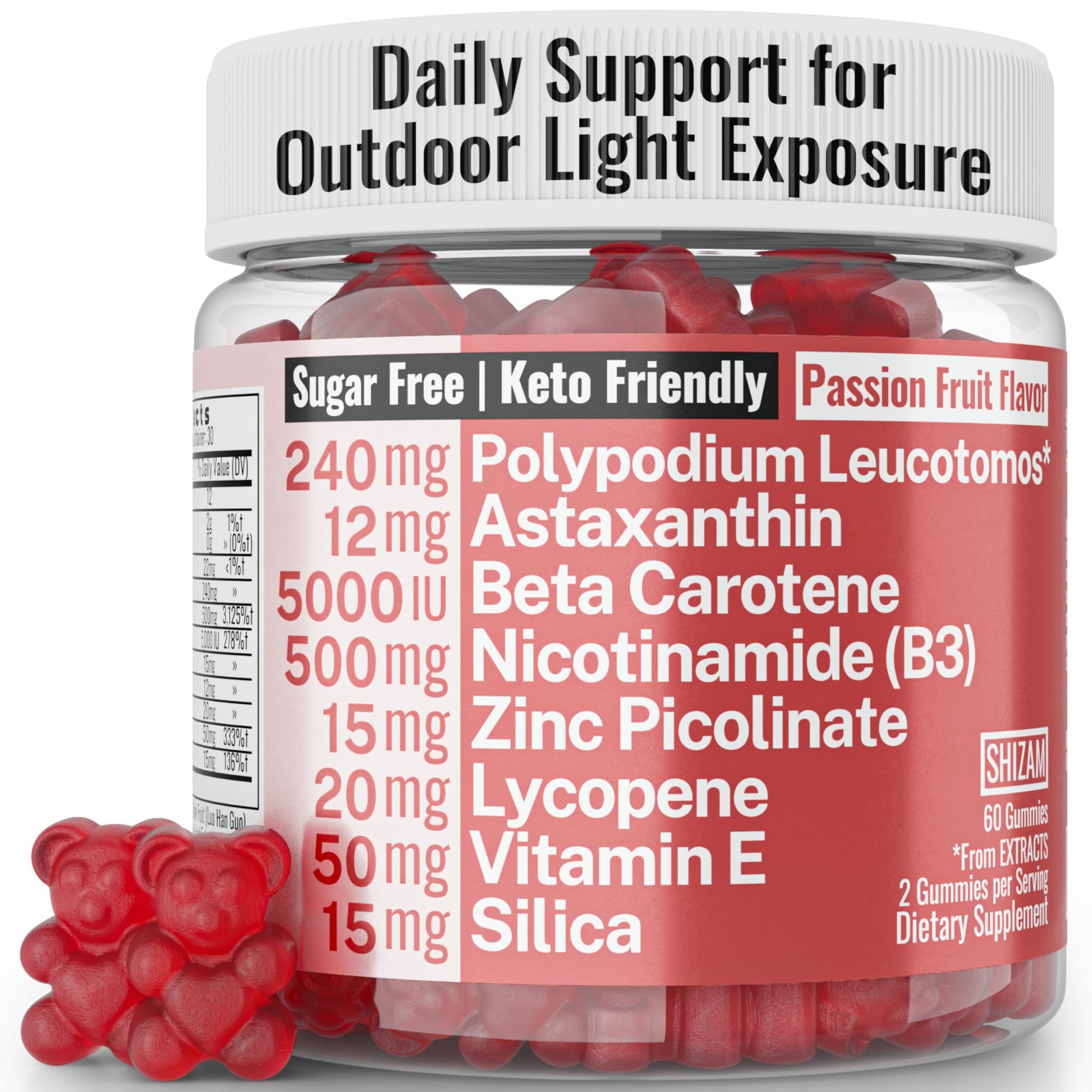 SHIZAM Astaxanthin Polypodium Leucotomos Zinc Picolinate Lycopene Vitamin E B3 Nicotinamide Silica Gummies 60 Count