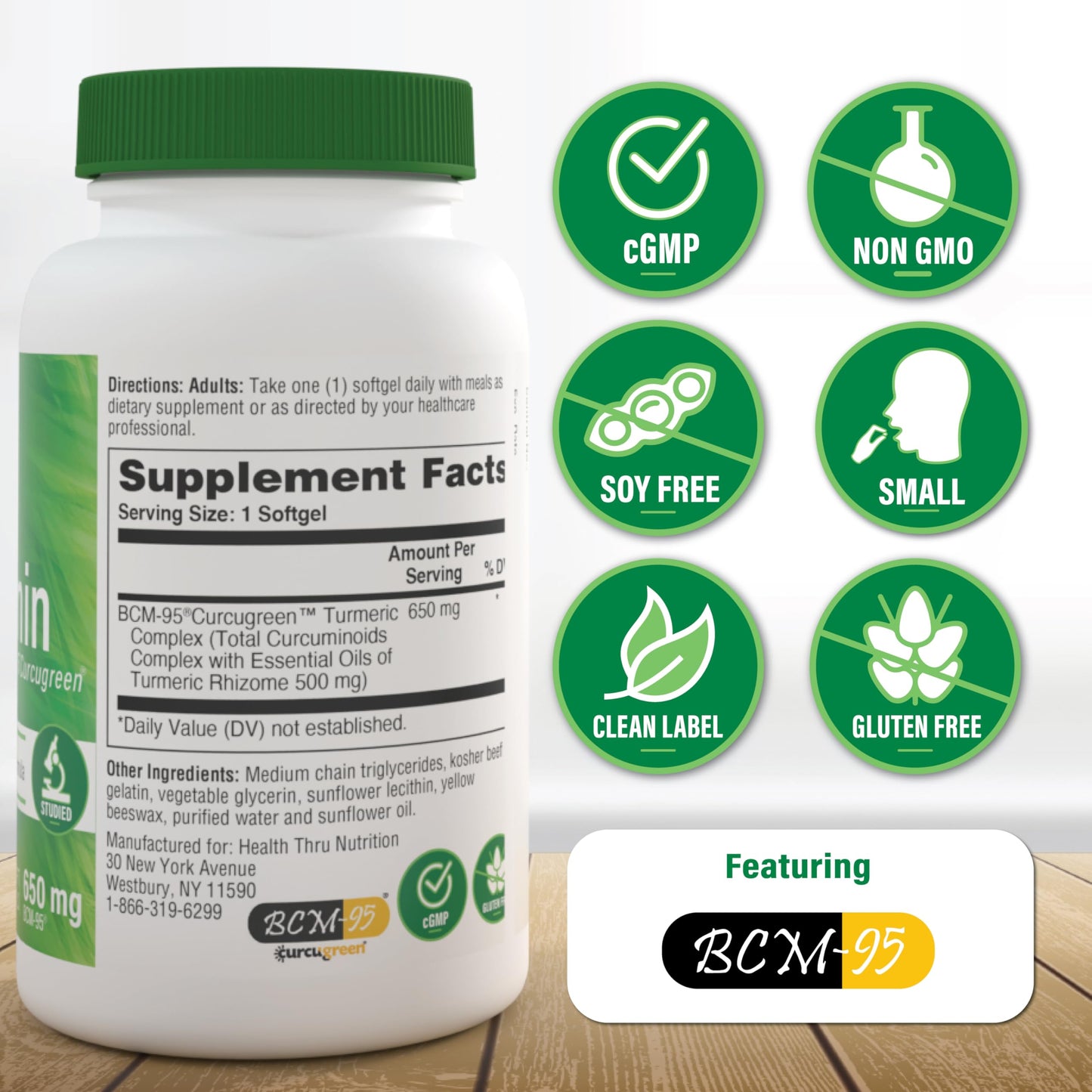 Health Thru Nutrition Curcumin 650mg BCM-95 Curcugreen Turmeric Curcumin Complex High Absorption Healthy Inflammation Response Clinically Studied 3rd Party Tested Non-GMO 60 Capsules