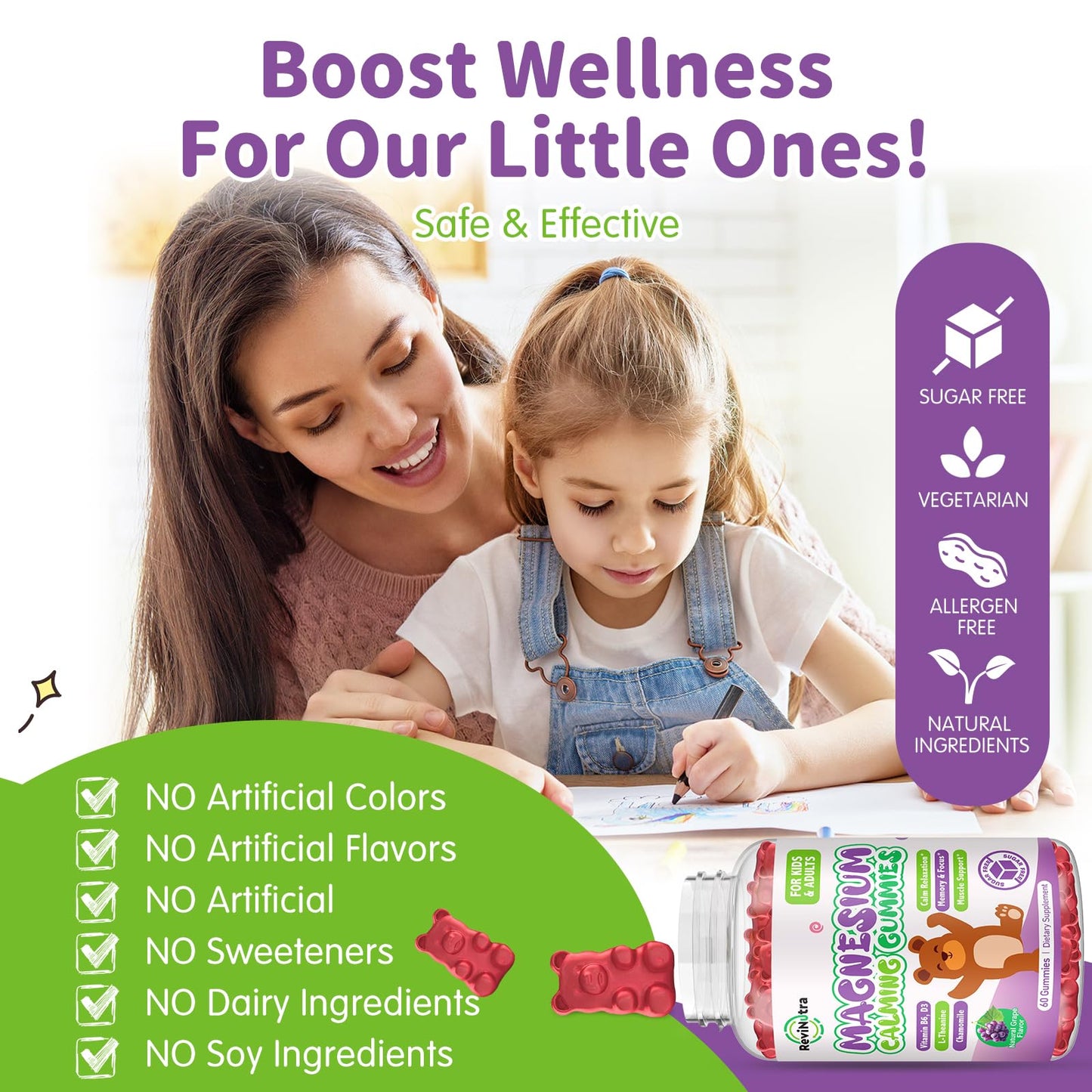 ReviNutra Magnesium Glycinate Gummies with L-Theanine, Vitamin B6 & D3 for Kids & Adults, Sugar Free, 60 Gummies