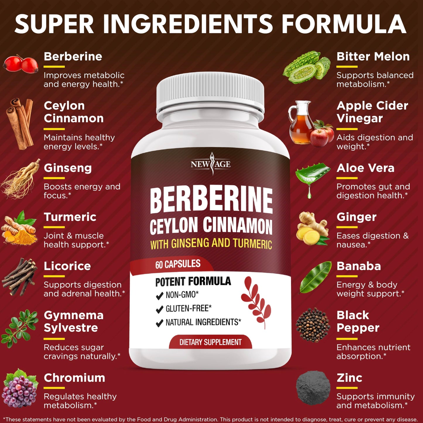 New Age Berberine HCL Plus Ceylon Cinnamon Turmeric Licorice Extract, Gymnema Sylvestre, Apple Cider Vinegar, Berberine HCI Root Supplements Capsules, 180 Count