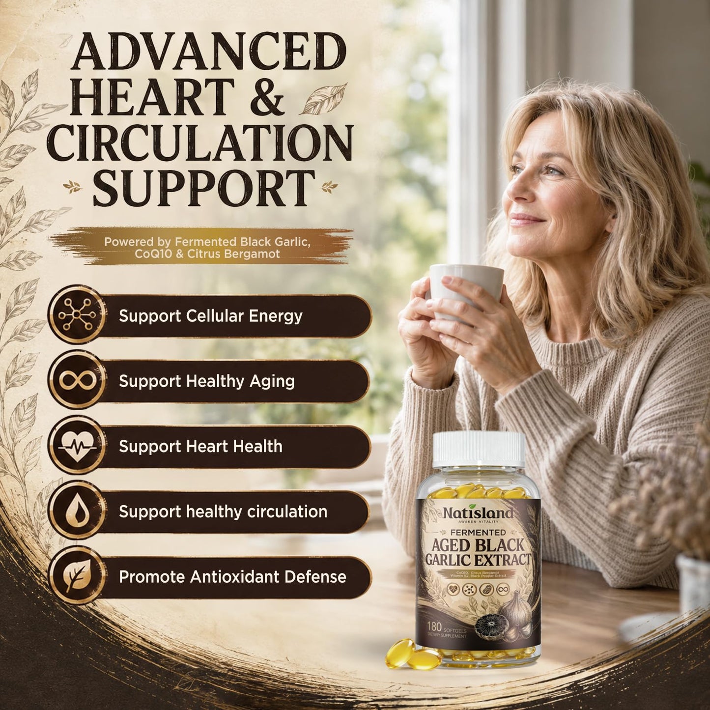 NATISLAND Aged Black Garlic Extract Softgels, 180 Softgels