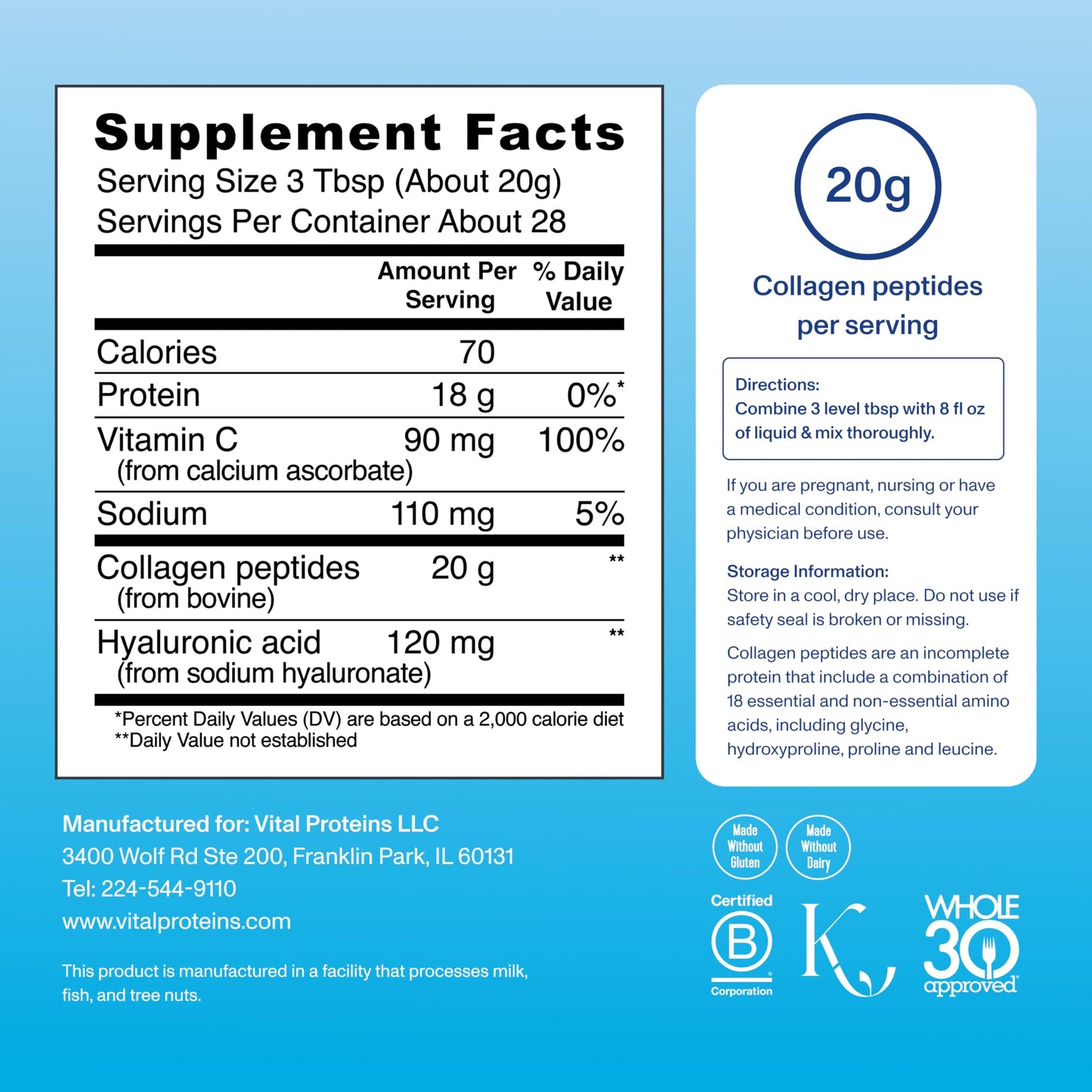 Vital Proteins Collagen Peptides Powder Unflavored 19.3 oz and Bovine Colostrum Supplement 90 Capsules