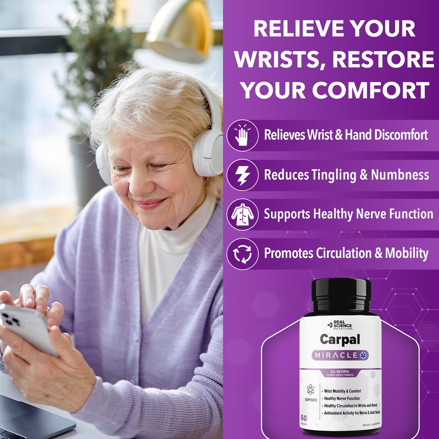 Real Science Nutrition Carpal Miracle – All Natural Carpal Tunnel Relief & Wrist Support Supplement with Vitamins B6, B12, C, D, K + GABA Capsule 60