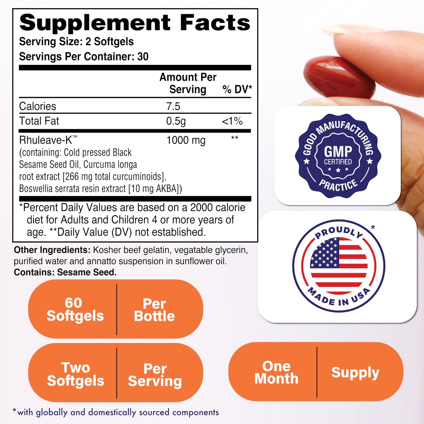 Health Thru Nutrition Acute Formula Rhuleave-K 1,000mg Curcumin, Boswellia and Black Sesame Seed Oil Softgels, 60 count